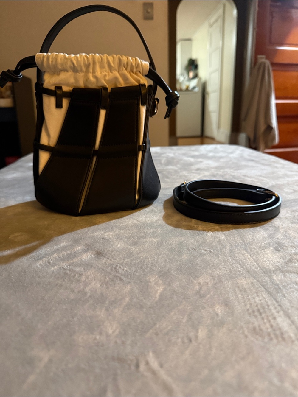 Zara Black and Cream Cutwork Bucket Bag